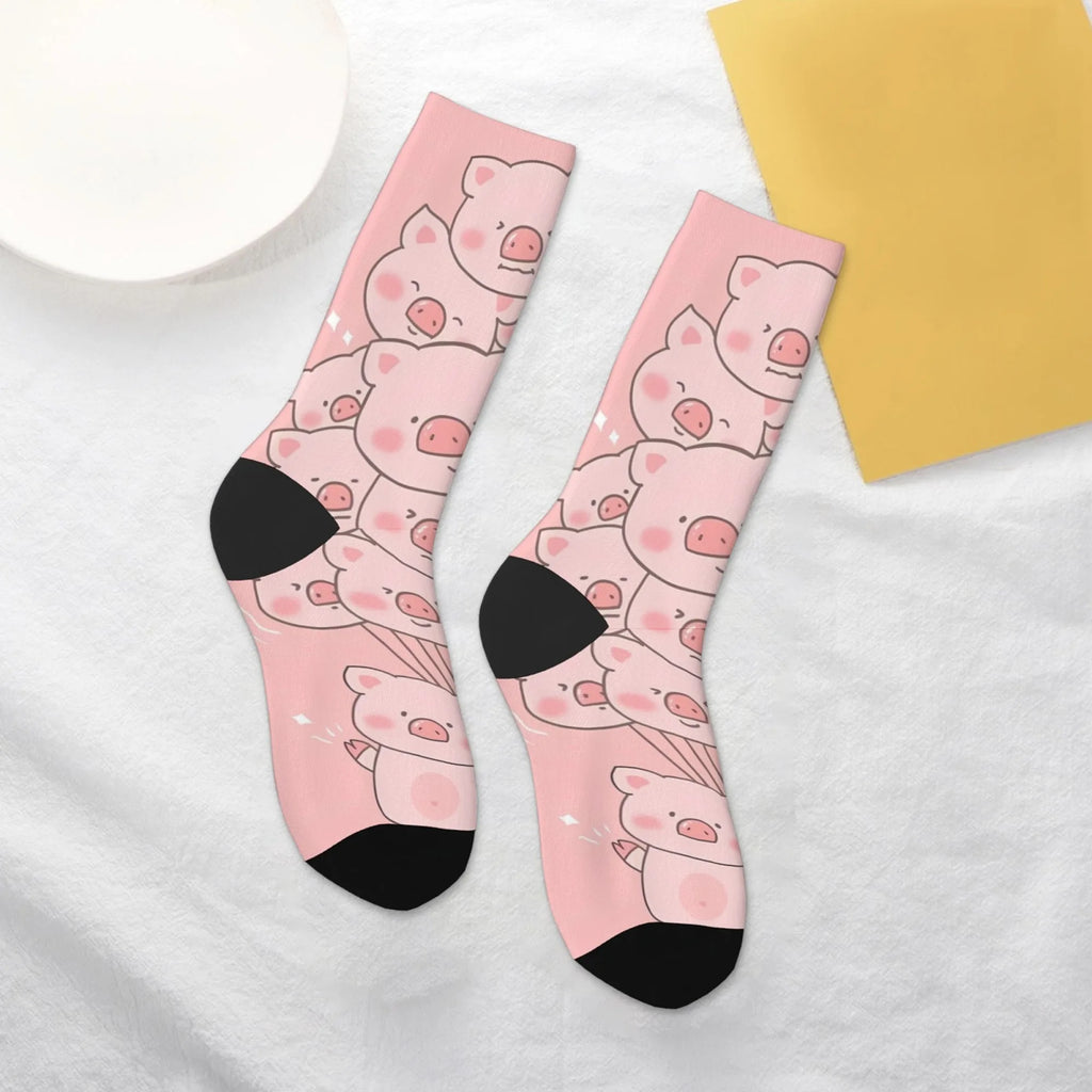 Fun and trendy pink cute pig print retro Harajuku style women's socks non-slip breathable basketball socks novelty gift