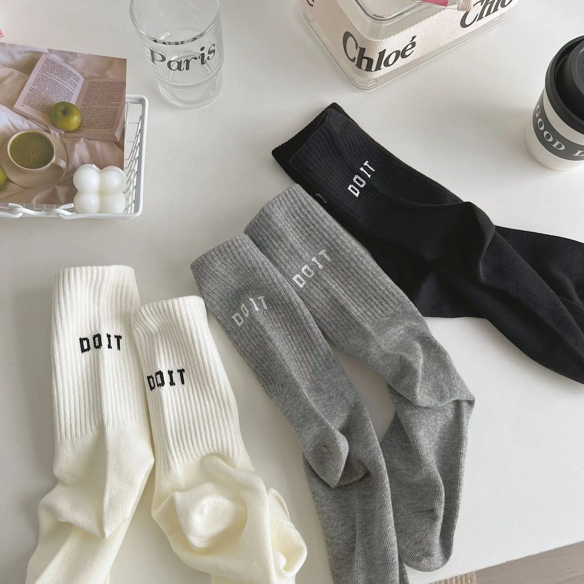 Pink Socks Women's Spring and Autumn Style Mid-tube Socks Ins Outside Wear Cotton Bottoming High Waist Letter Sports Stockings