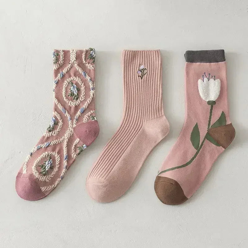 Pink Socks Embroidery Flower Harajuku Retro Vintage Women Socks College Style High School Girls Japanese Kawaii Cute Long Socks