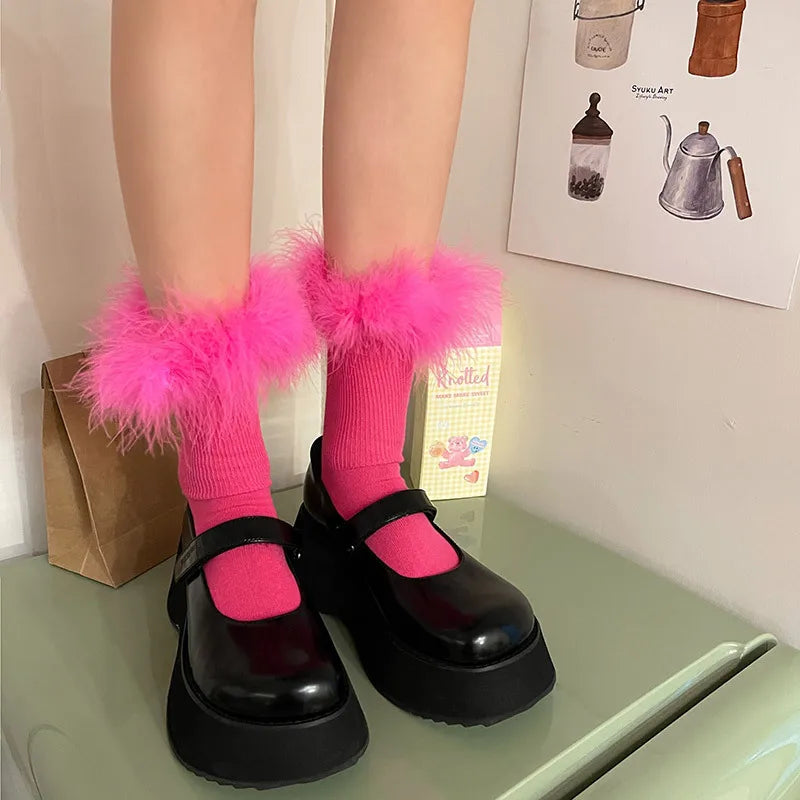 Pink Women Fur Socks Jk Lolita Middle Tube Socks Feather Kawaii Japanese Cotton Funny Cute Pile Socks Cosplay Party Accessories