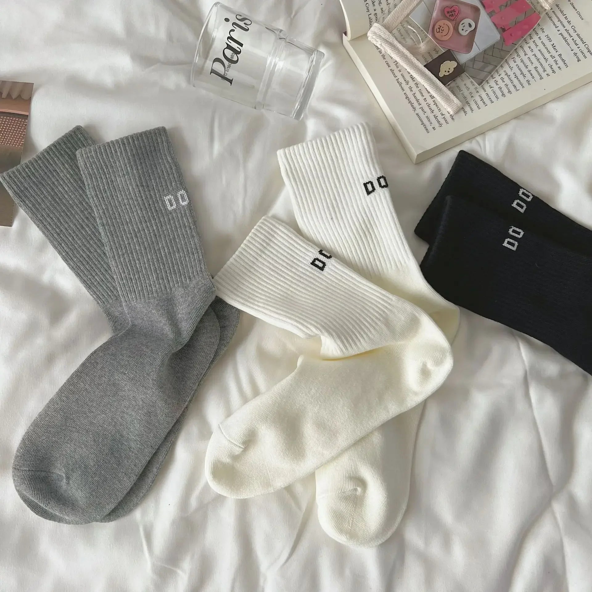 Pink Socks Women's Spring and Autumn Style Mid-tube Socks Ins Outside Wear Cotton Bottoming High Waist Letter Sports Stockings