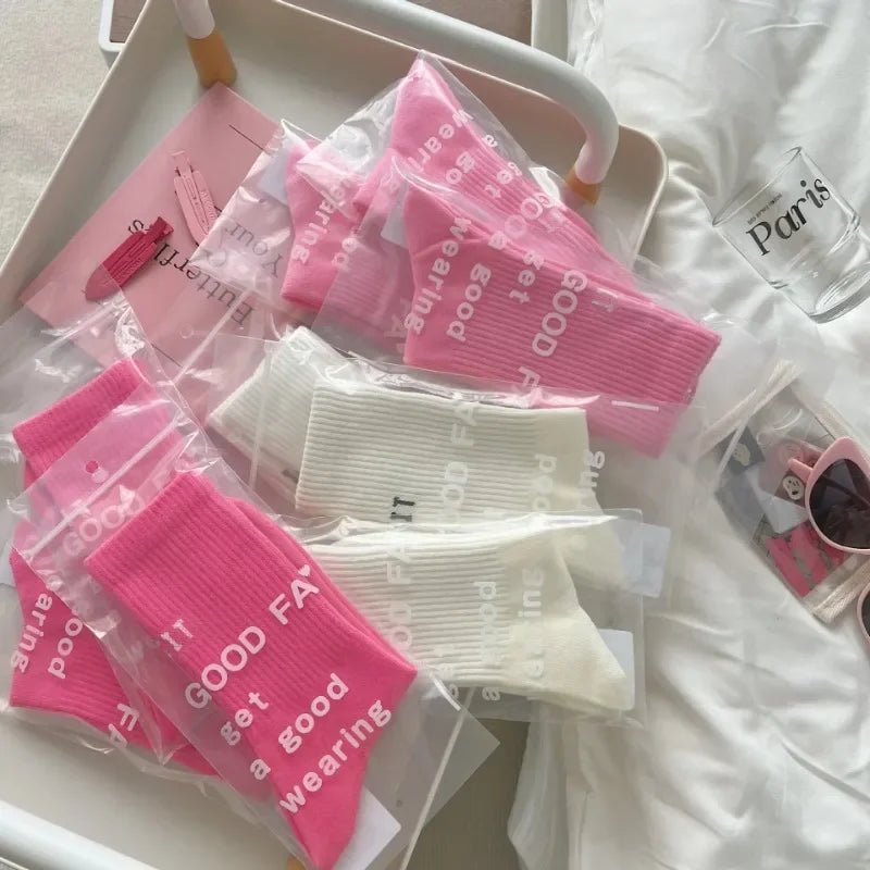 Pink Socks Women's Spring and Autumn Style Mid-tube Socks Ins Outside Wear Cotton Bottoming High Waist Letter Sports Stockings