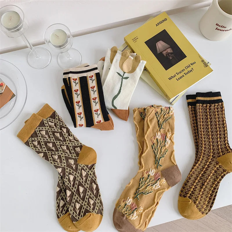 Pink Socks Embroidery Flower Harajuku Retro Vintage Women Socks College Style High School Girls Japanese Kawaii Cute Long Socks