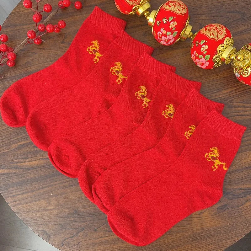 2026 Zodiac Year Red Socks for Men and Women Big Red Midsole Pure Cotton Horse Year Lucky Socks New Year Wear Sock Gifts