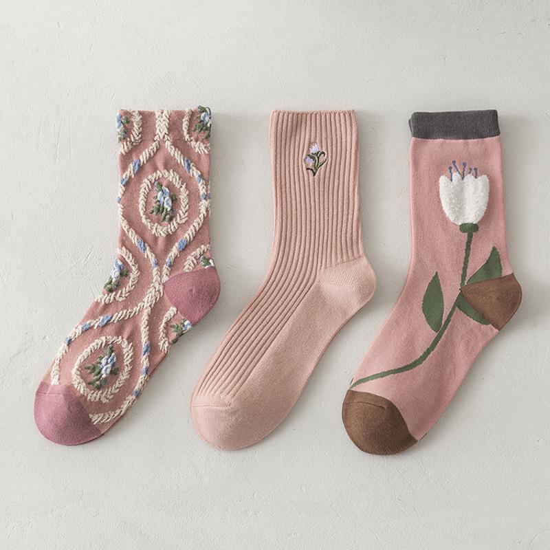 Pink Socks Embroidery Flower Harajuku Retro Vintage Women Socks College Style High School Girls Japanese Kawaii Cute Long Socks