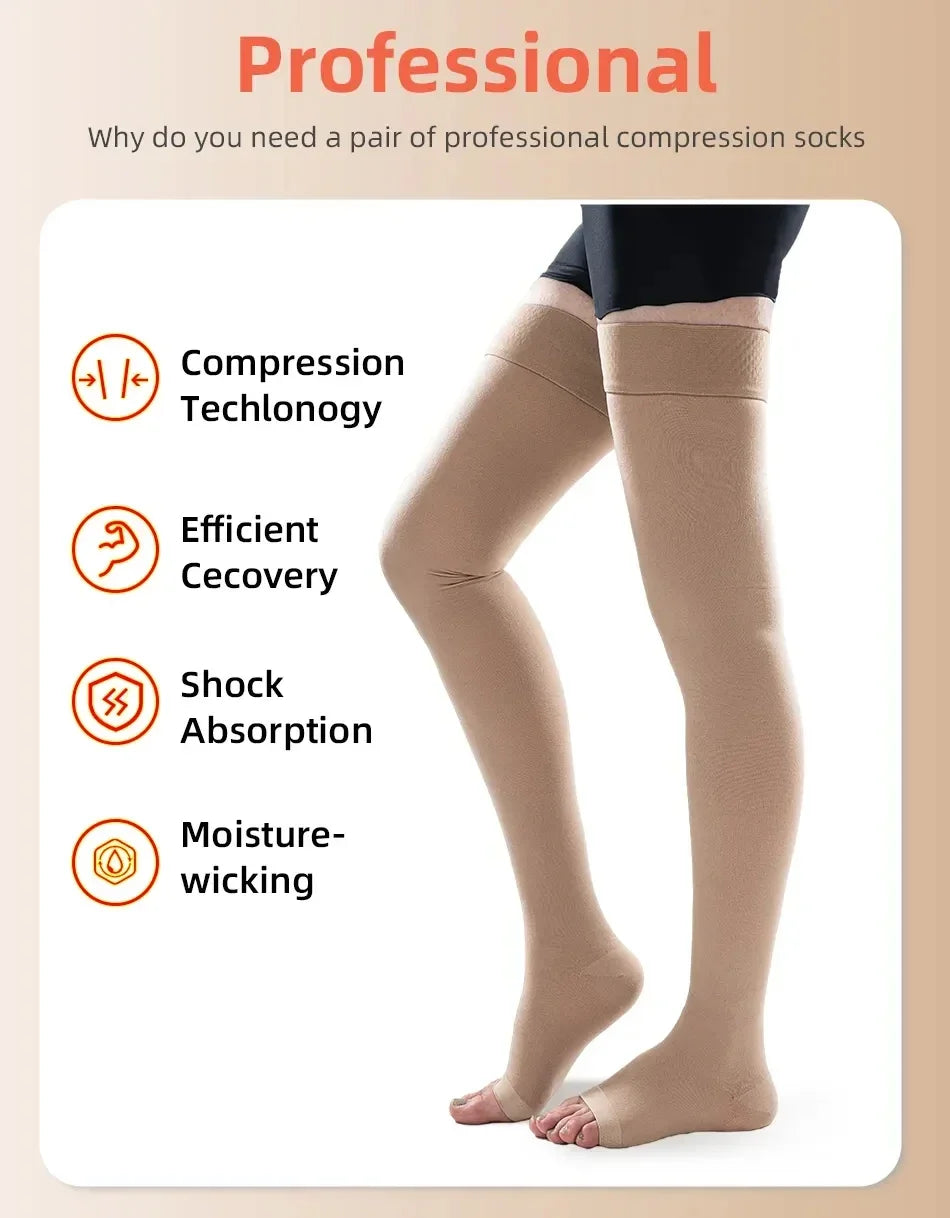 1Pair Thigh High 20-32 mmHg Compression Stocking Toeless Compression Socks for women & men circulation with Silicone Dot Band