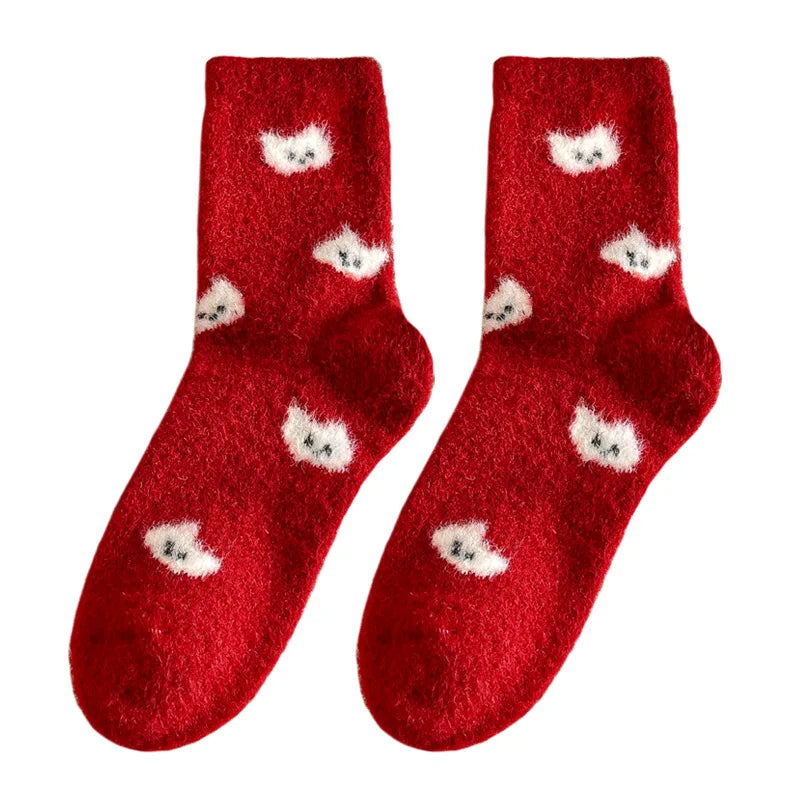 Red New Year Socks for Autumn and Winter Women Thick and Warm Midsole Snow Boots Plush Sleep Socks