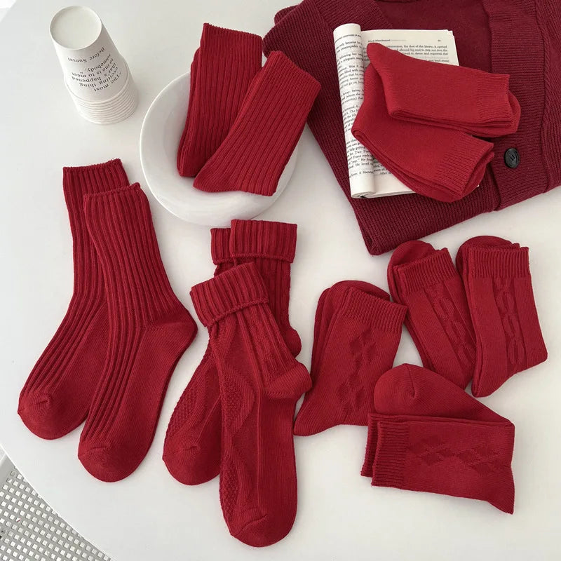 Women's Socks Breathable Christmas New Year Red Socks For Girls Fashion Striped Casual Autumn Winter Socks Warm Comfortable Soft