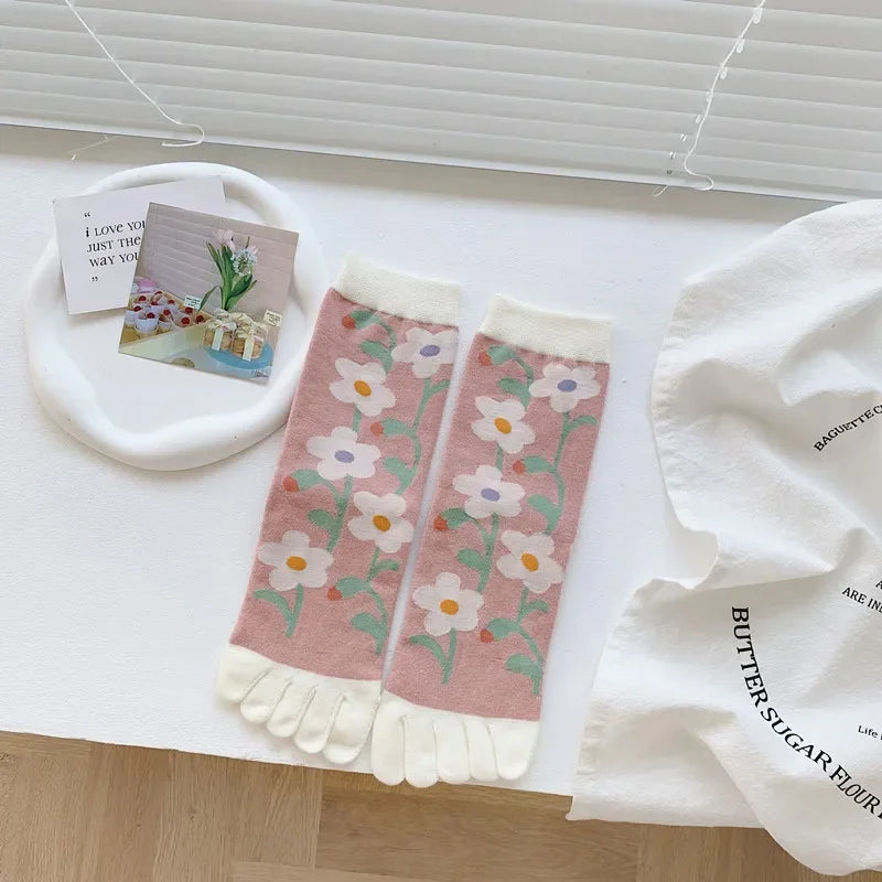 Cotton Boot Socks Women Women Autumn And Winter Five Finger Socks Pure Cotton Toe Socks Print Winter Warm Socks Christmas Gift