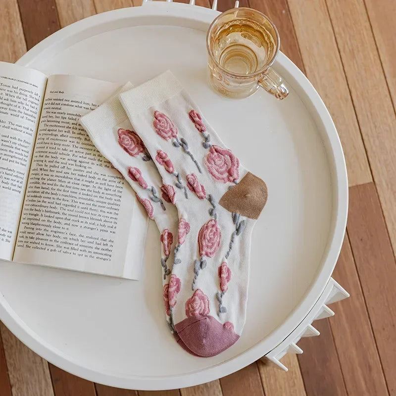 Pink Socks Embroidery Flower Harajuku Retro Vintage Women Socks College Style High School Girls Japanese Kawaii Cute Long Socks
