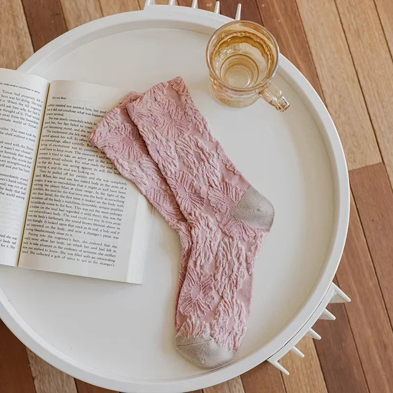 Pink Socks Embroidery Flower Harajuku Retro Vintage Women Socks College Style High School Girls Japanese Kawaii Cute Long Socks