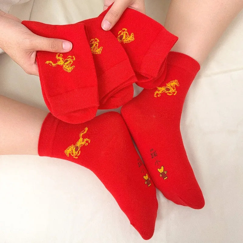 2026 Zodiac Year Red Socks for Men and Women Big Red Midsole Pure Cotton Horse Year Lucky Socks New Year Wear Sock Gifts