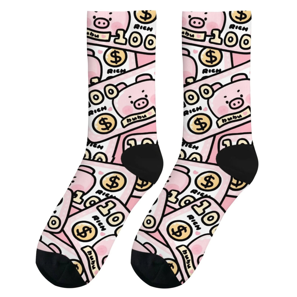 Fun and trendy pink cute pig print retro Harajuku style women's socks non-slip breathable basketball socks novelty gift