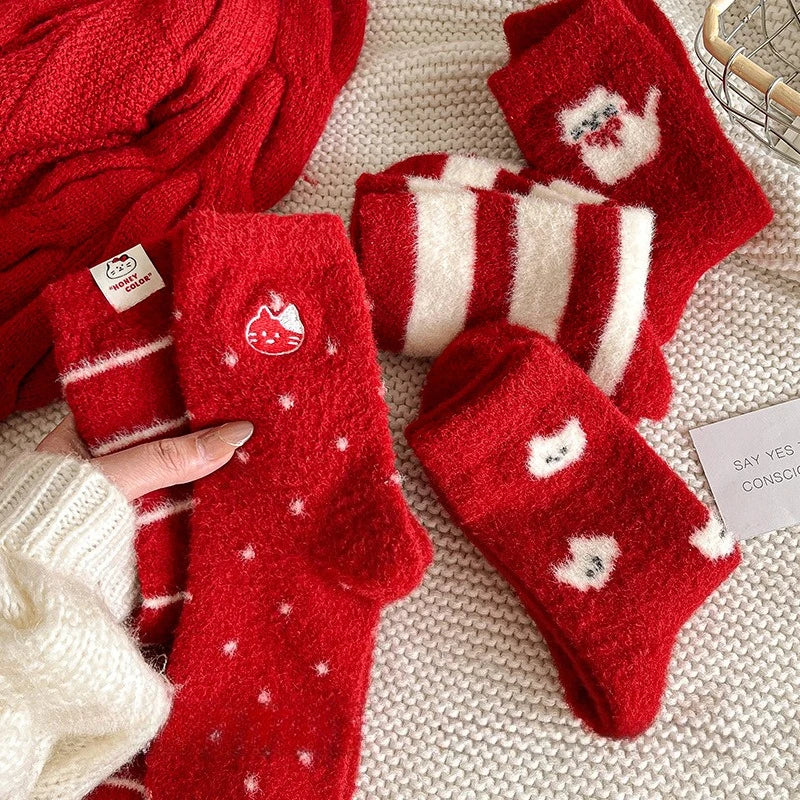 Red New Year Socks for Autumn and Winter Women Thick and Warm Midsole Snow Boots Plush Sleep Socks