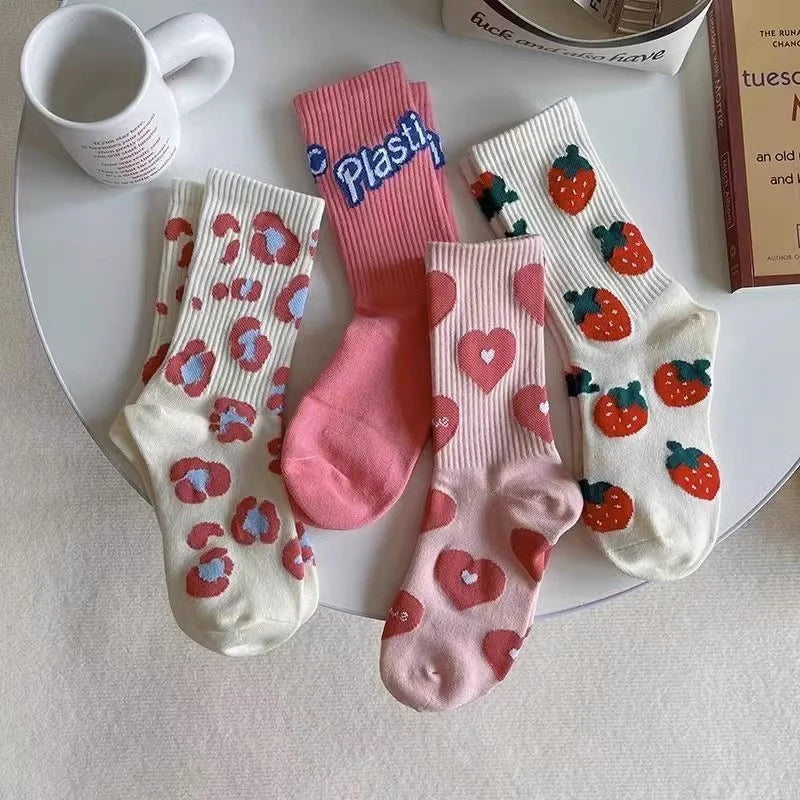 Pink Socks Women's Spring Trend Versatile Mid Tube Socks Love Letter Cute Kawaii Long Socks Ins Trendy Outwear Women's Socks