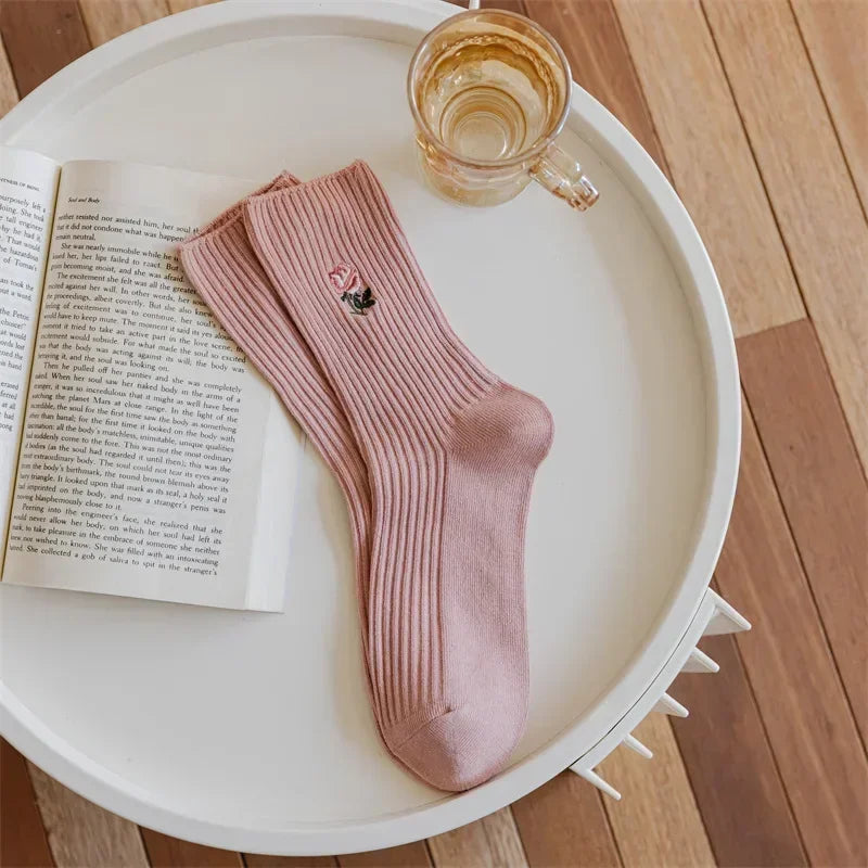 Pink Socks Embroidery Flower Harajuku Retro Vintage Women Socks College Style High School Girls Japanese Kawaii Cute Long Socks