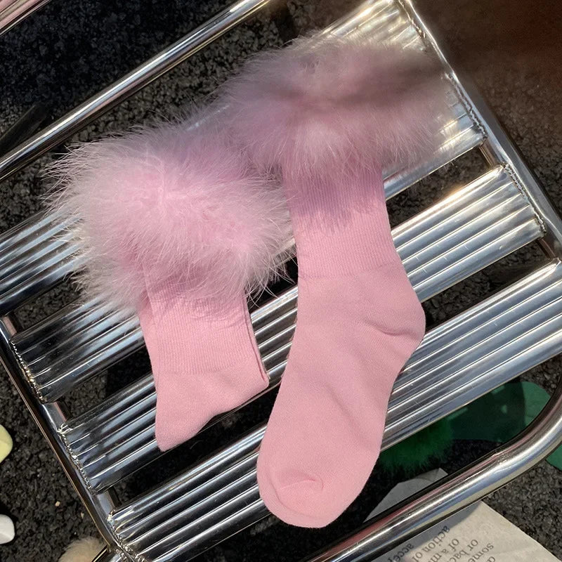 Pink Women Fur Socks Jk Lolita Middle Tube Socks Feather Kawaii Japanese Cotton Funny Cute Pile Socks Cosplay Party Accessories
