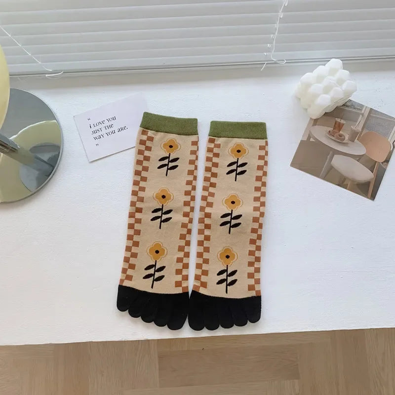 Cotton Boot Socks Women Women Autumn And Winter Five Finger Socks Pure Cotton Toe Socks Print Winter Warm Socks Christmas Gift