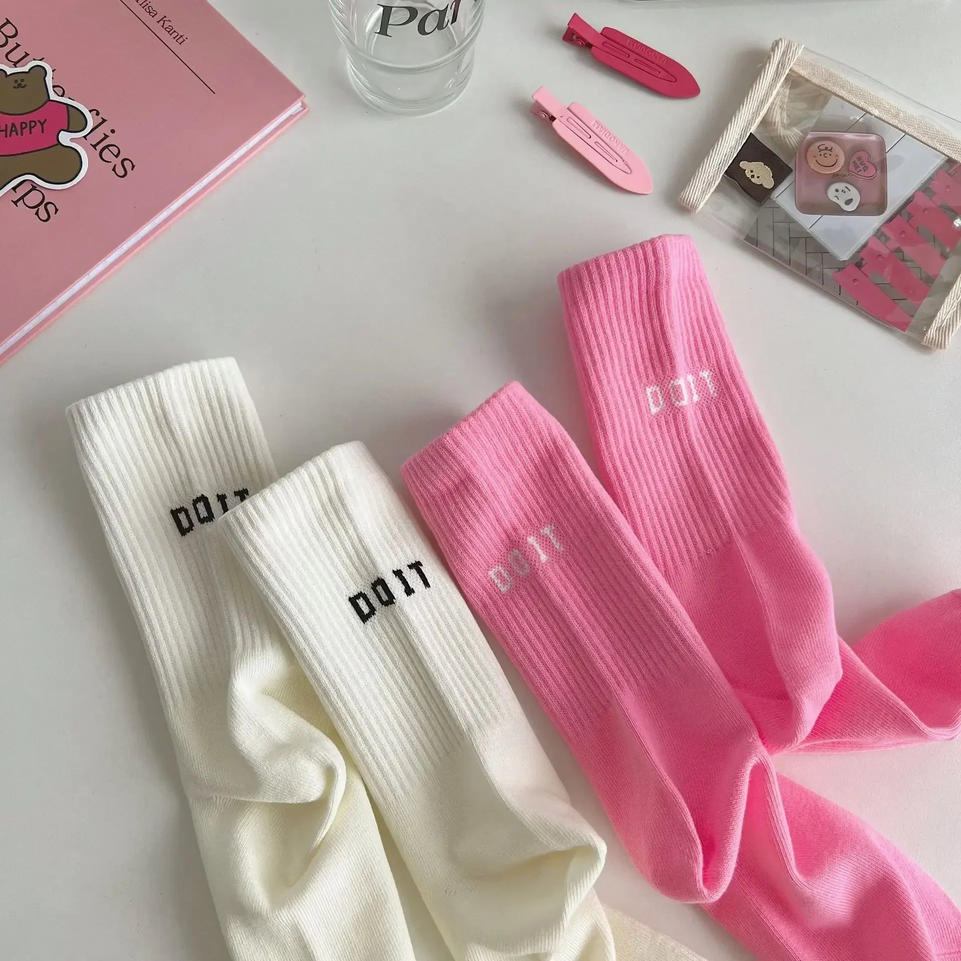 Pink Socks Women's Spring and Autumn Style Mid-tube Socks Ins Outside Wear Cotton Bottoming High Waist Letter Sports Stockings