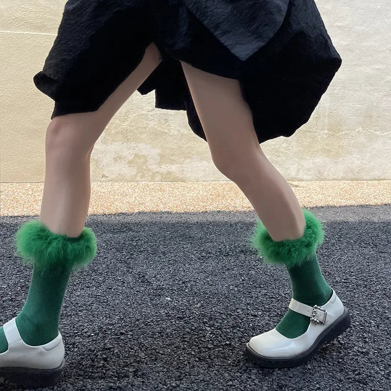 Pink Women Fur Socks Jk Lolita Middle Tube Socks Feather Kawaii Japanese Cotton Funny Cute Pile Socks Cosplay Party Accessories