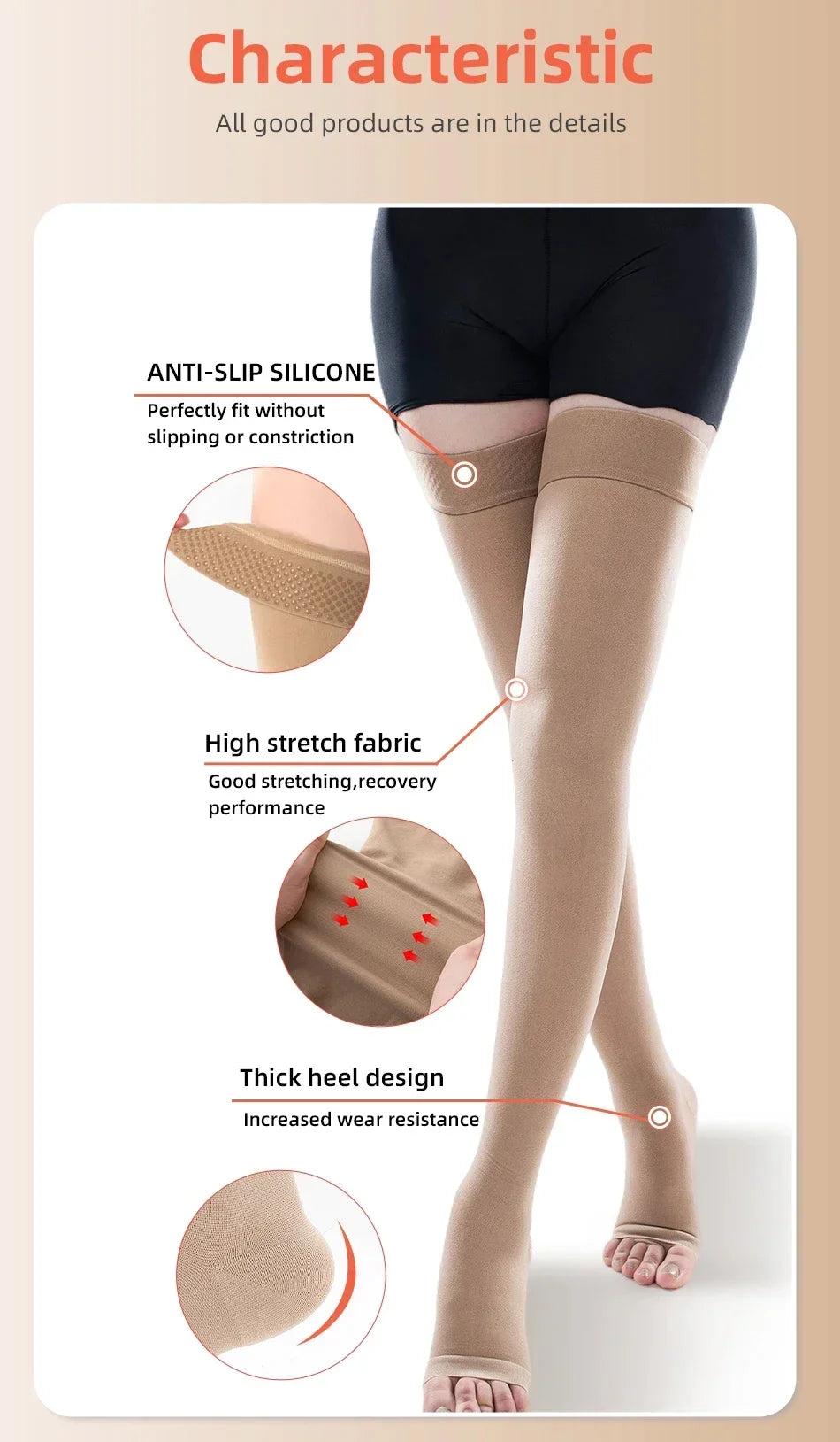1Pair Thigh High 20-32 mmHg Compression Stocking Toeless Compression Socks for women & men circulation with Silicone Dot Band