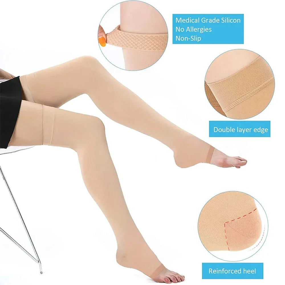 1Pair Thigh High 20-32 mmHg Compression Stocking Toeless Compression Socks for women & men circulation with Silicone Dot Band