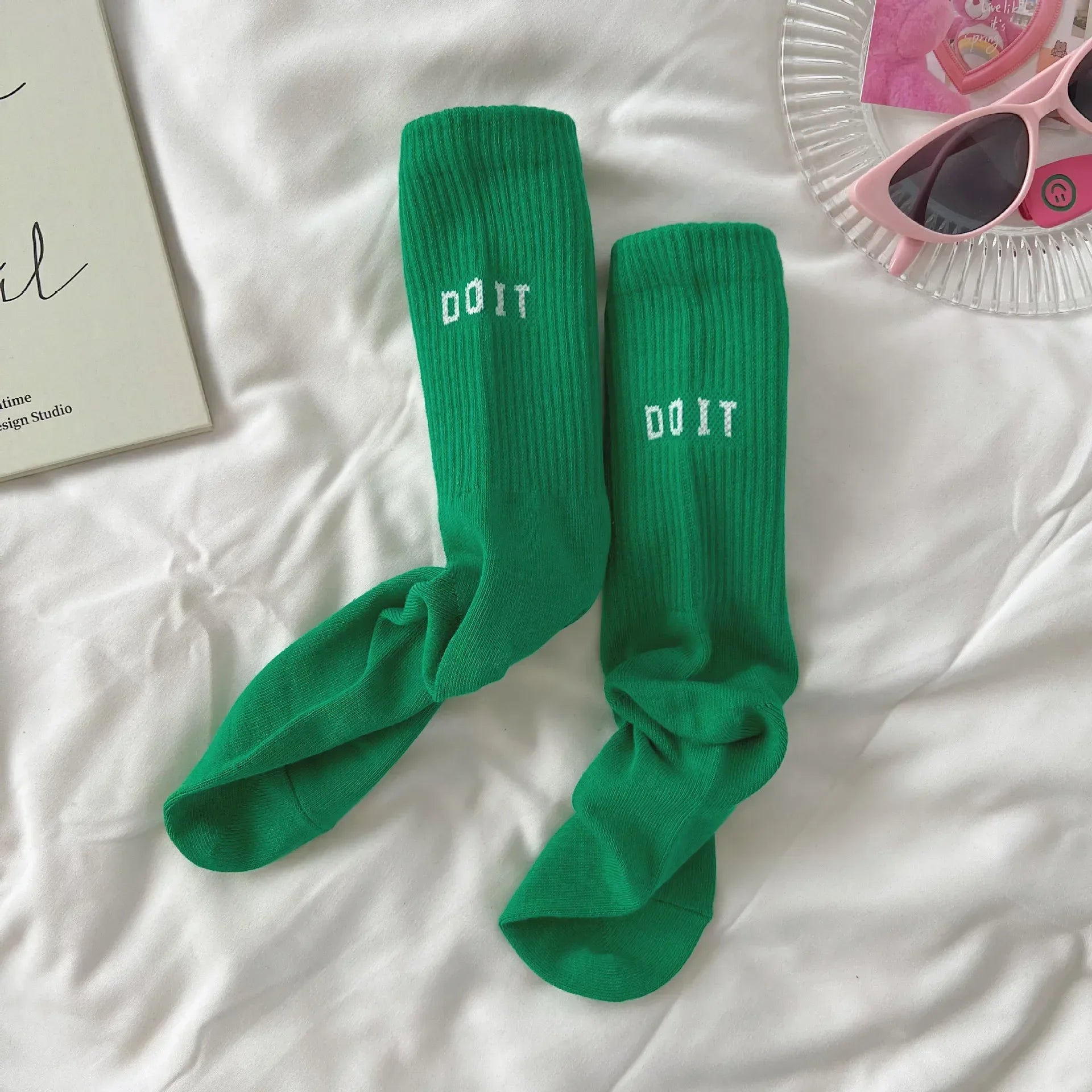 Pink Socks Women's Spring and Autumn Style Mid-tube Socks Ins Outside Wear Cotton Bottoming High Waist Letter Sports Stockings