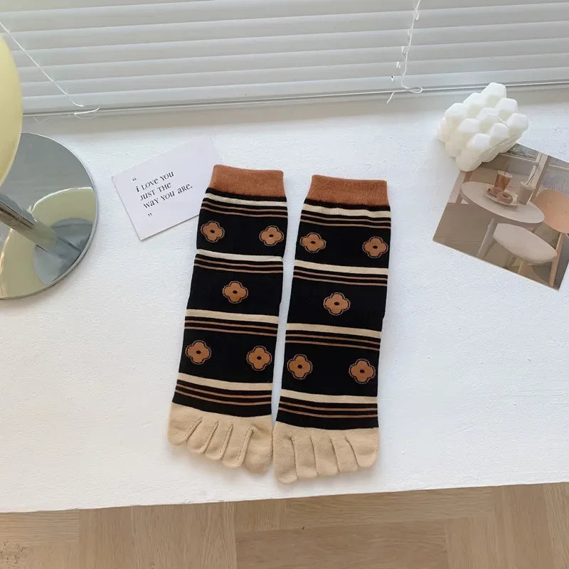 Cotton Boot Socks Women Women Autumn And Winter Five Finger Socks Pure Cotton Toe Socks Print Winter Warm Socks Christmas Gift
