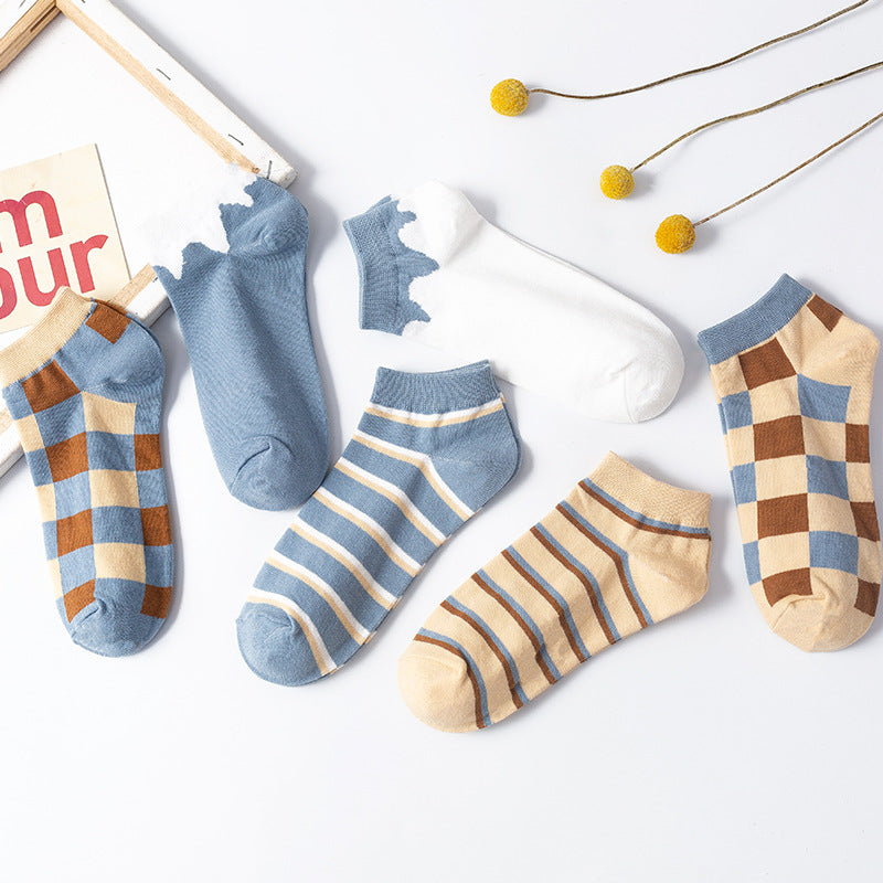 Cute Student Socks Plaid Sweet Blue Boat Socks Cotton College