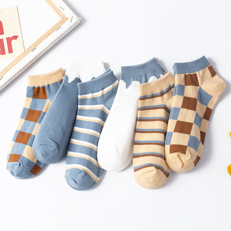 Cute Student Socks Plaid Sweet Blue Boat Socks Cotton College
